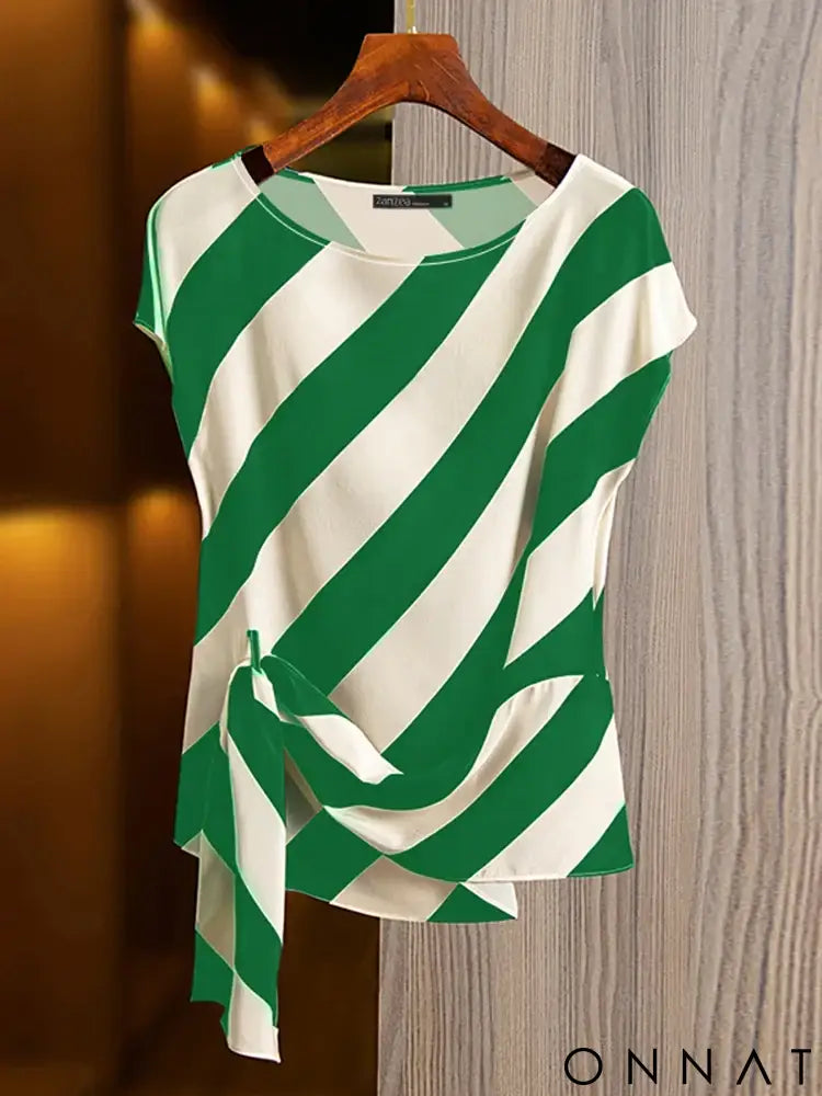 ZANZEA 2025 Korean Striped Printed Tops Fashion Short Sleeve Blouse Holiday Summer HolidayLoose Belted Tunic Casual