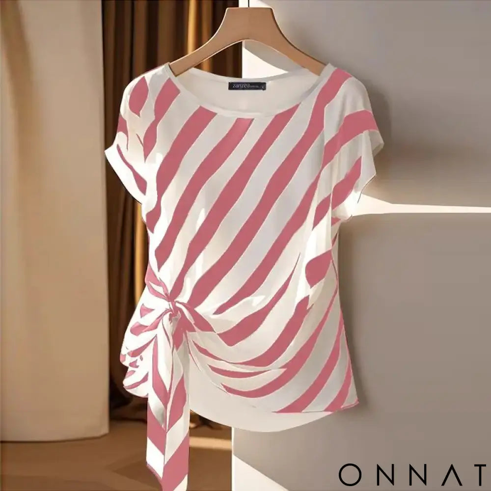 ZANZEA 2025 Korean Striped Printed Tops Fashion Short Sleeve Blouse Holiday Summer HolidayLoose Belted Tunic Casual