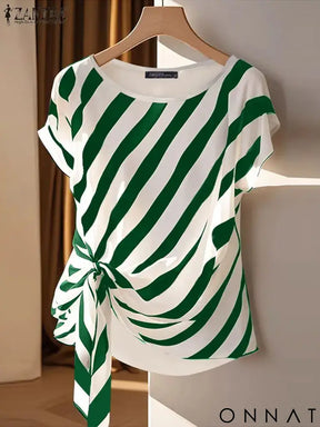 ZANZEA 2025 Korean Striped Printed Tops Fashion Short Sleeve Blouse Holiday Summer HolidayLoose Belted Tunic Casual