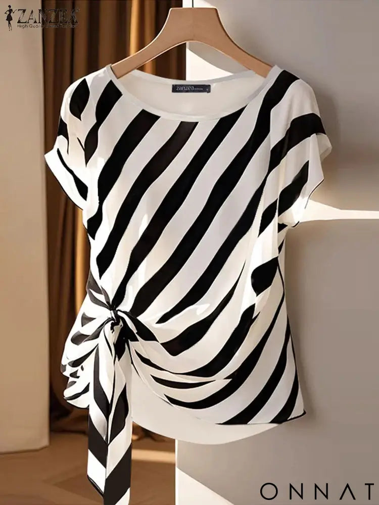 ZANZEA 2025 Korean Striped Printed Tops Fashion Short Sleeve Blouse Holiday Summer HolidayLoose Belted Tunic Casual