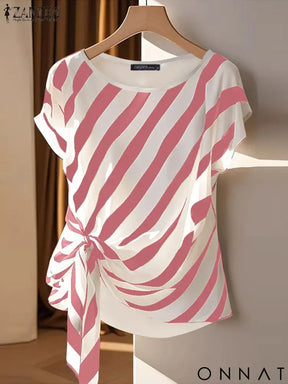 ZANZEA 2025 Korean Striped Printed Tops Fashion Short Sleeve Blouse Holiday Summer HolidayLoose Belted Tunic Casual