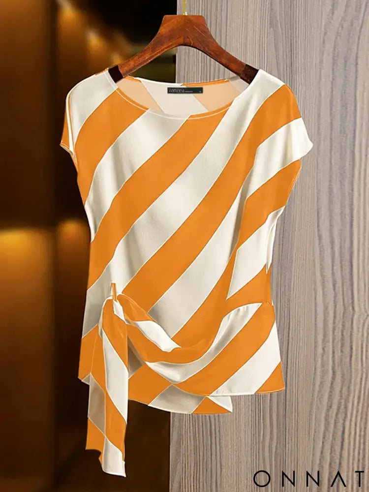 ZANZEA 2025 Korean Striped Printed Tops Fashion Short Sleeve Blouse Holiday Summer HolidayLoose Belted Tunic Casual
