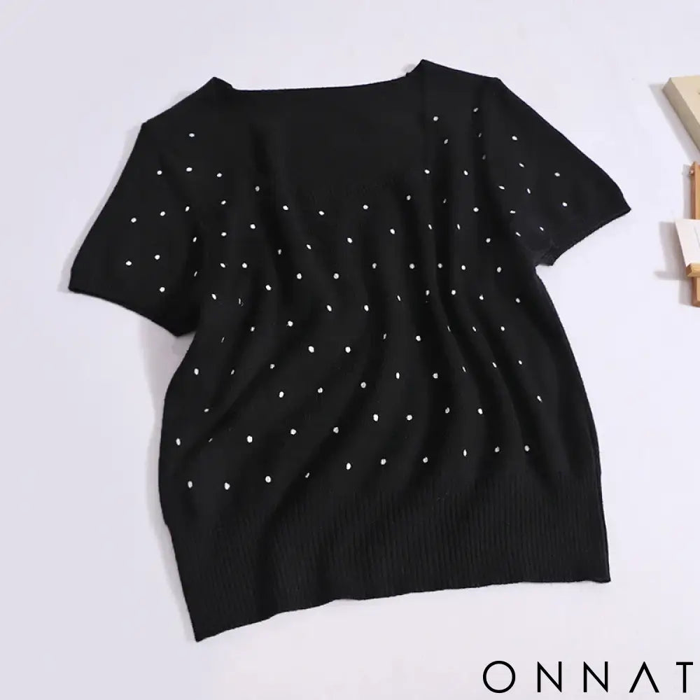 Women 2024 Sweet Dot Square Neck T-shirt Summer Loose Short Sleeved Knit Tops New Versatile Worn Outside Thin Rib