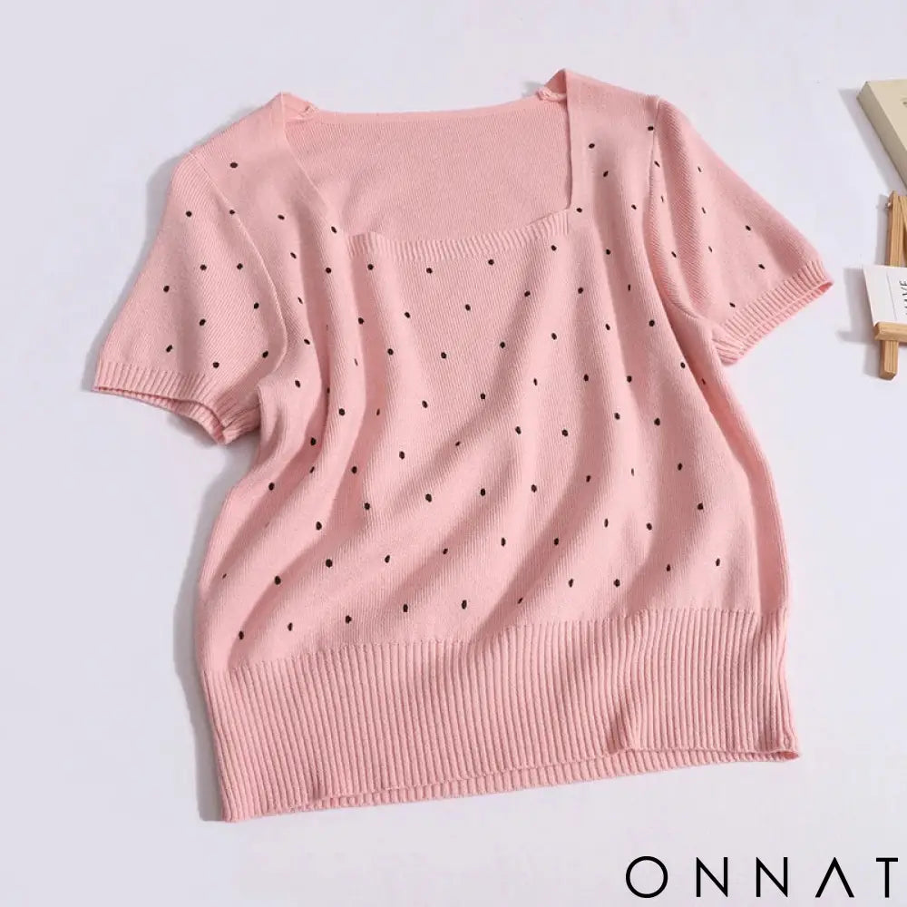 Women 2024 Sweet Dot Square Neck T-shirt Summer Loose Short Sleeved Knit Tops New Versatile Worn Outside Thin Rib