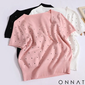 Women 2024 Sweet Dot Square Neck T-shirt Summer Loose Short Sleeved Knit Tops New Versatile Worn Outside Thin Rib