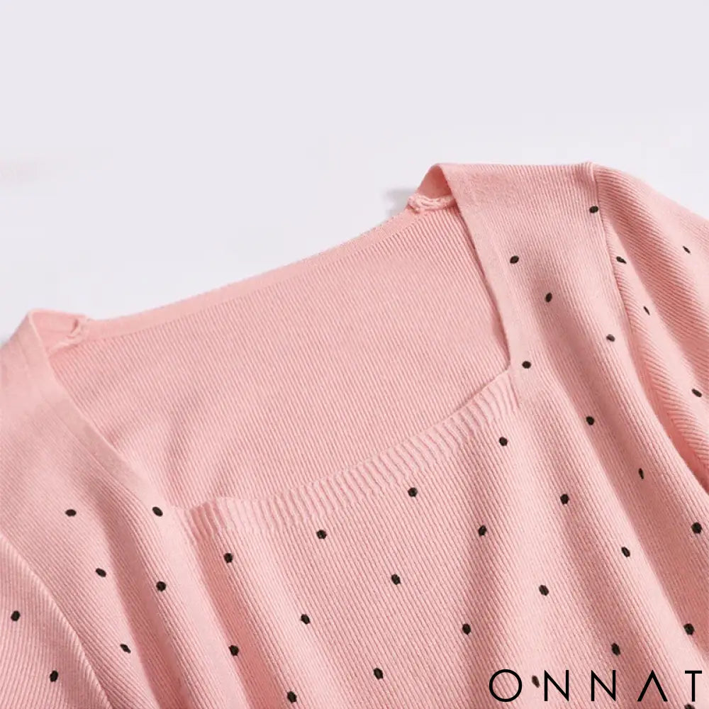 Women 2024 Sweet Dot Square Neck T-shirt Summer Loose Short Sleeved Knit Tops New Versatile Worn Outside Thin Rib