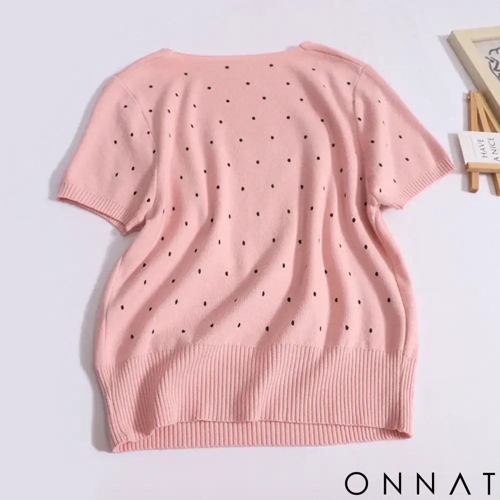 Women 2024 Sweet Dot Square Neck T-shirt Summer Loose Short Sleeved Knit Tops New Versatile Worn Outside Thin Rib
