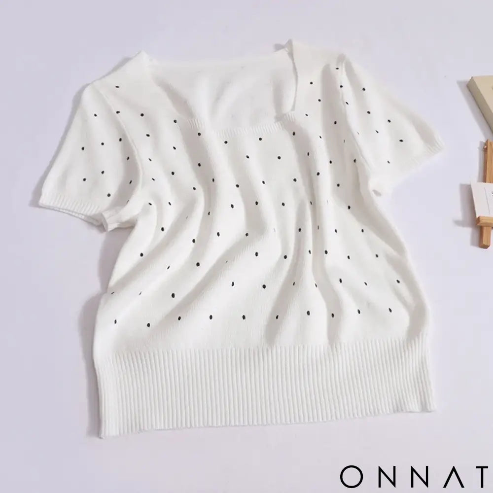 Women 2024 Sweet Dot Square Neck T-shirt Summer Loose Short Sleeved Knit Tops New Versatile Worn Outside Thin Rib