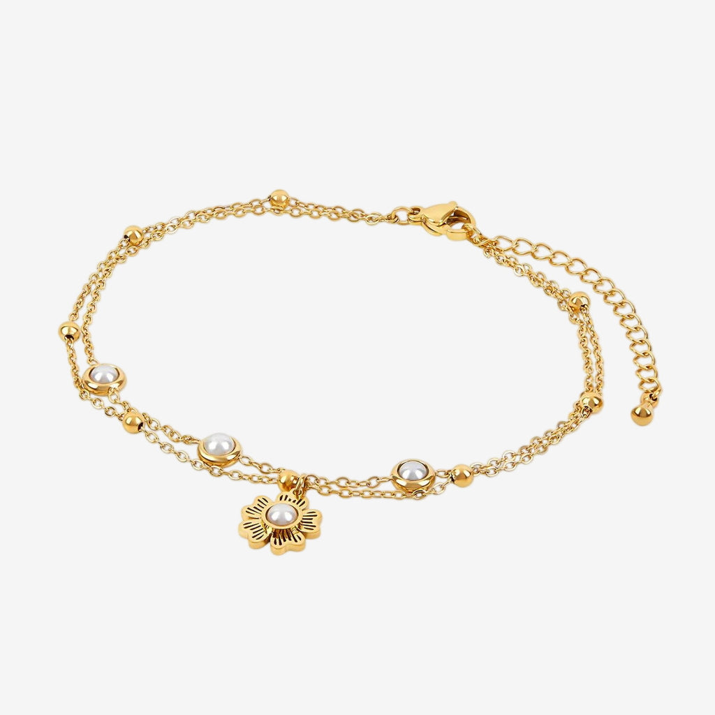 Tornozeleira Toscana Dupla Pérola Floral Banhada em Ouro 18K