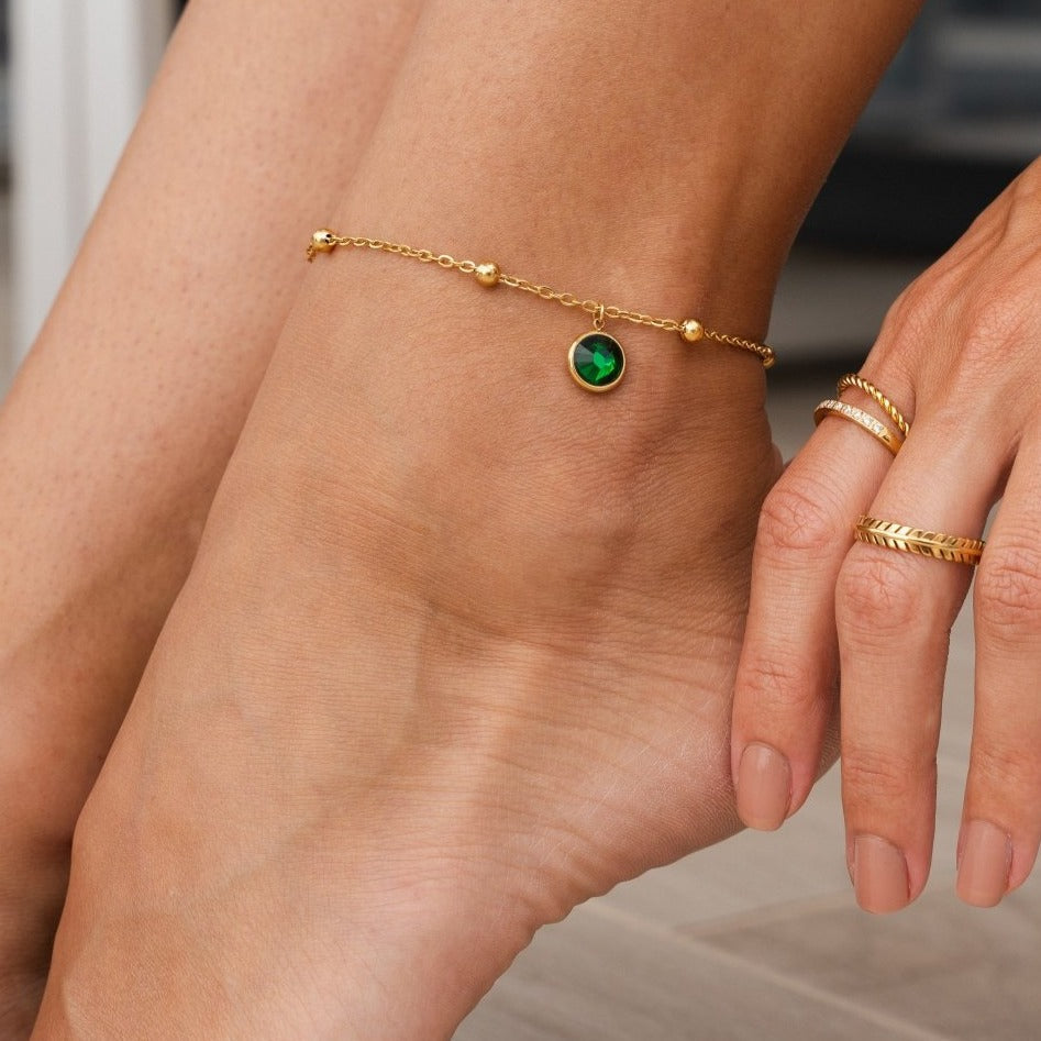 Tornozeleira Zanzibar Esmeralda Pingente Banhado em Ouro 18K