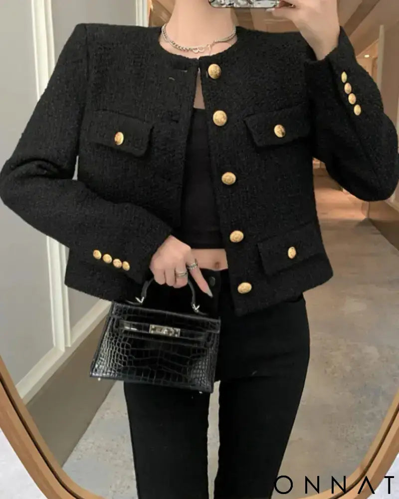 Tweed Gold Button Couture Jacket S / Black Tweed