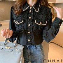 Tweed Silk Chain Gold Button Blouse Tops