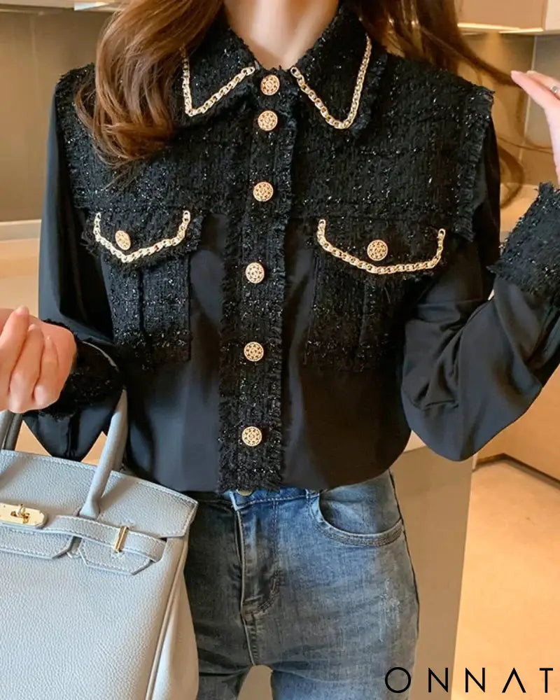 Tweed Silk Chain Gold Button Blouse Tops