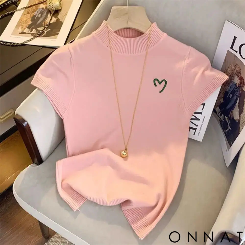 Half Turtleneck Embroidered Short Sleeve Knitwear Woman 2023 Sweater Vest New French Sweet Slim Fit Tops Pink / One