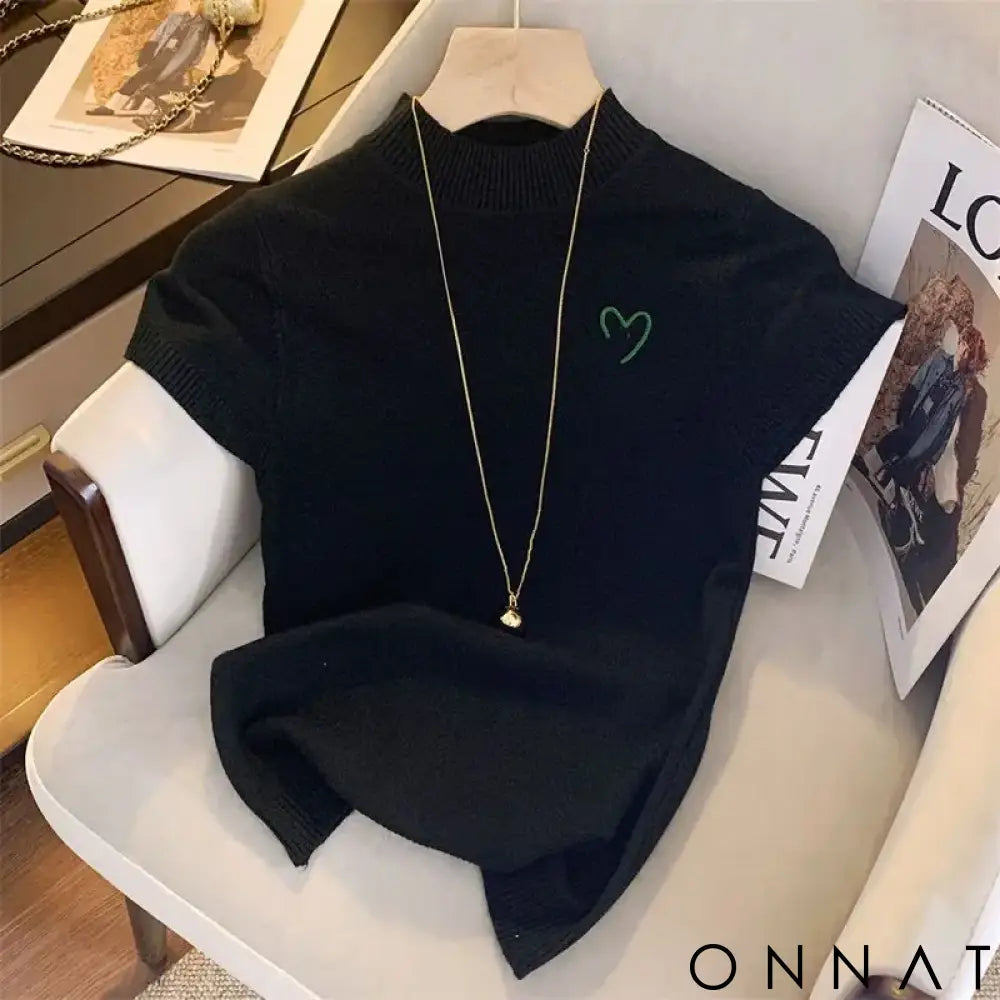 Half Turtleneck Embroidered Short Sleeve Knitwear Woman 2023 Sweater Vest New French Sweet Slim Fit Tops