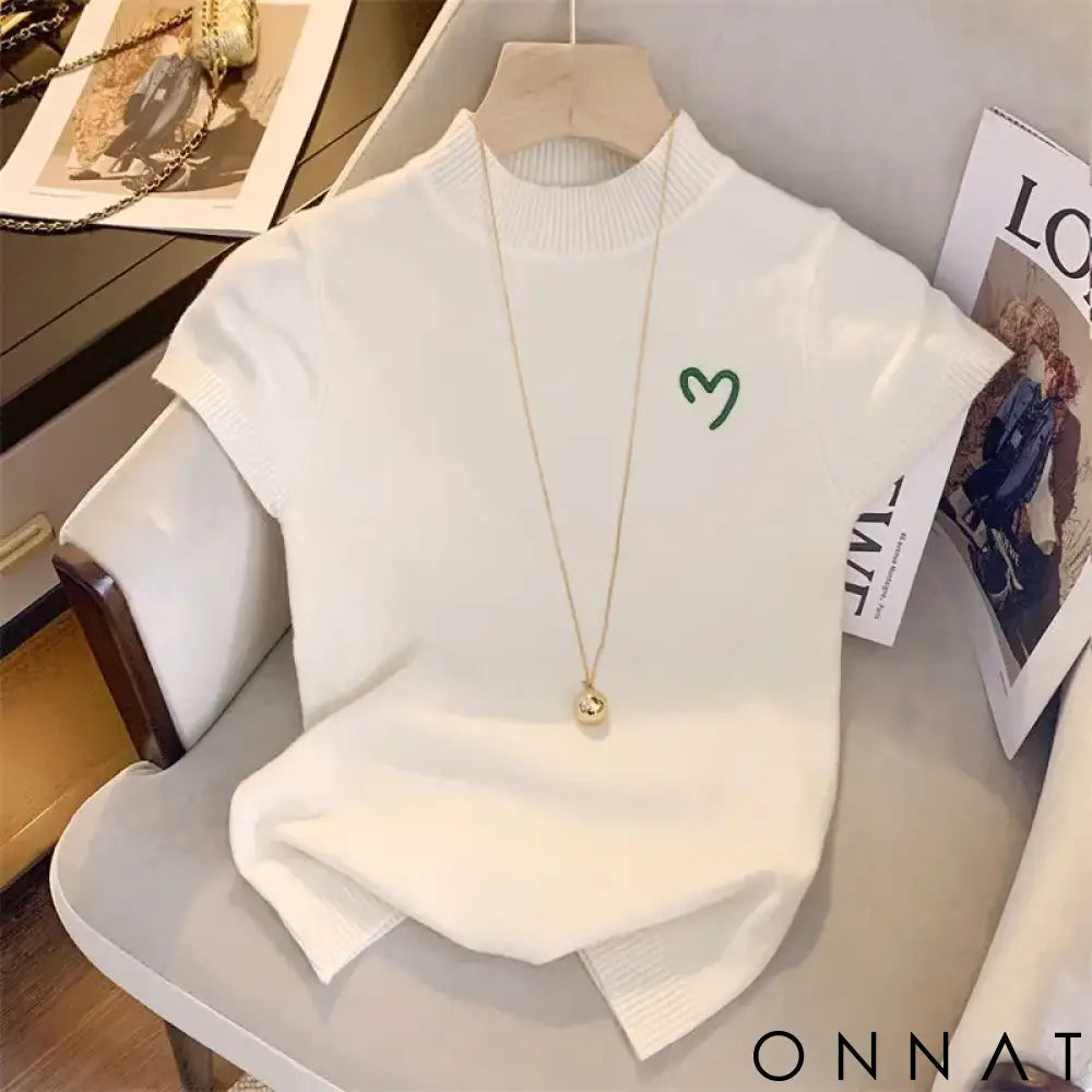 Half Turtleneck Embroidered Short Sleeve Knitwear Woman 2023 Sweater Vest New French Sweet Slim Fit Tops