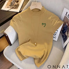 Half Turtleneck Embroidered Short Sleeve Knitwear Woman 2023 Sweater Vest New French Sweet Slim Fit Tops Ginger Yellow