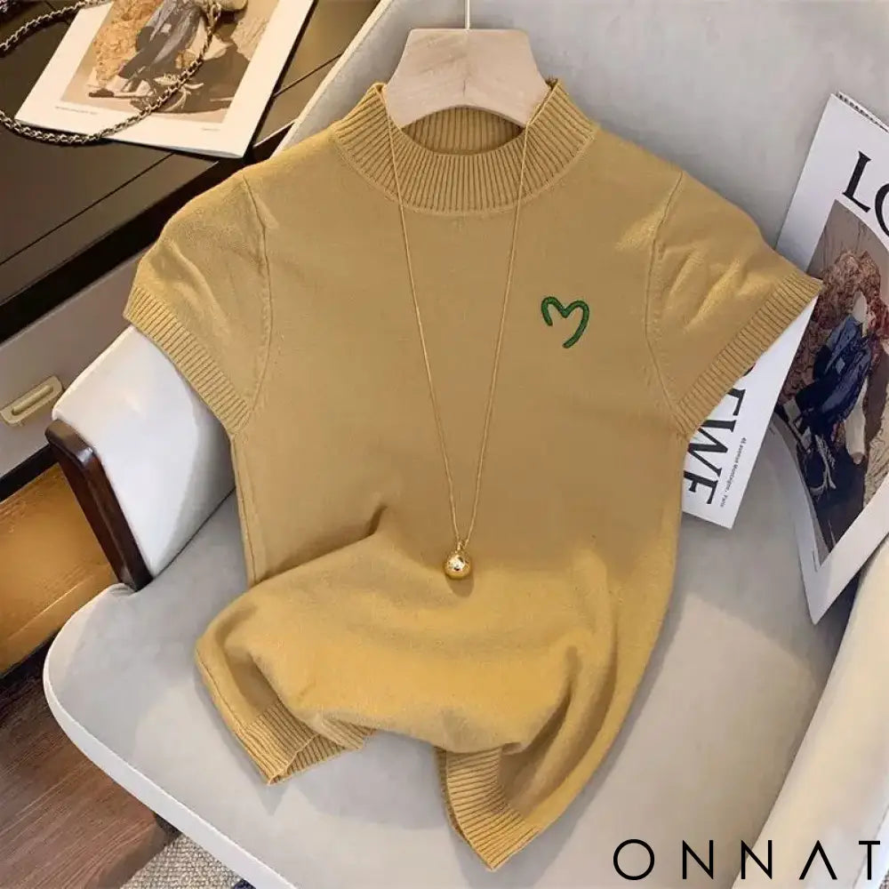 Half Turtleneck Embroidered Short Sleeve Knitwear Woman 2023 Sweater Vest New French Sweet Slim Fit Tops Ginger Yellow