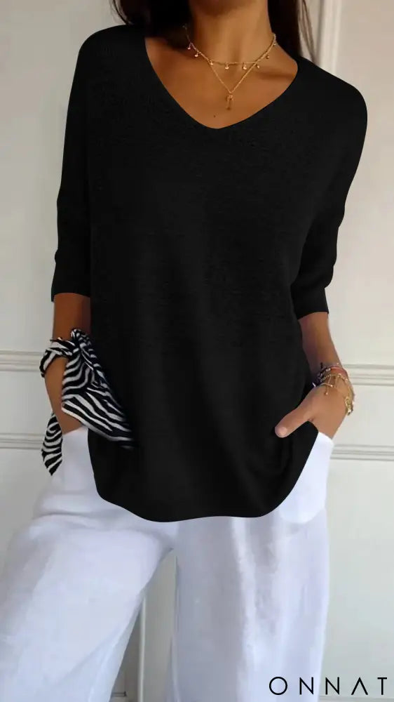 Velmara | Elegant Knitted V-Neck Top Black / S