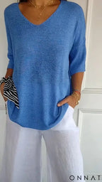 Velmara | Elegant Knitted V-Neck Top Blue / S