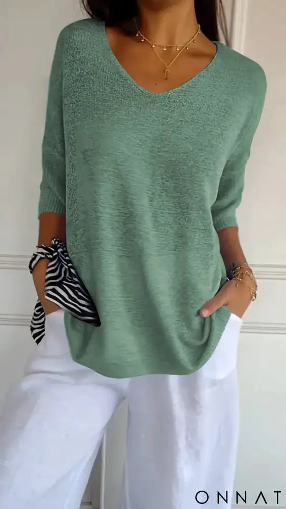 Velmara | Elegant Knitted V-Neck Top Dark Green / S