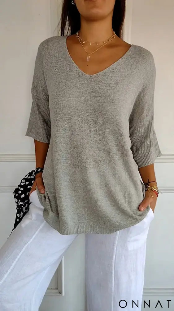 Velmara | Elegant Knitted V-Neck Top Gray / S