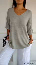 Velmara | Elegant Knitted V-Neck Top Gray / S