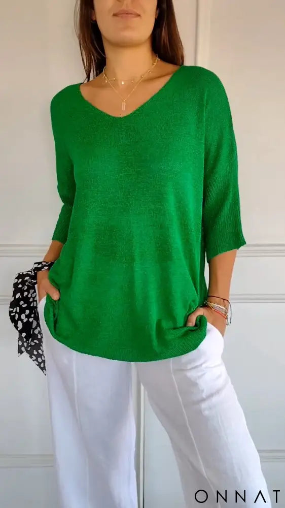 Velmara | Elegant Knitted V-Neck Top Green / S