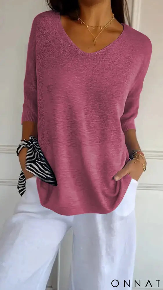Velmara | Elegant Knitted V-Neck Top Pink / S