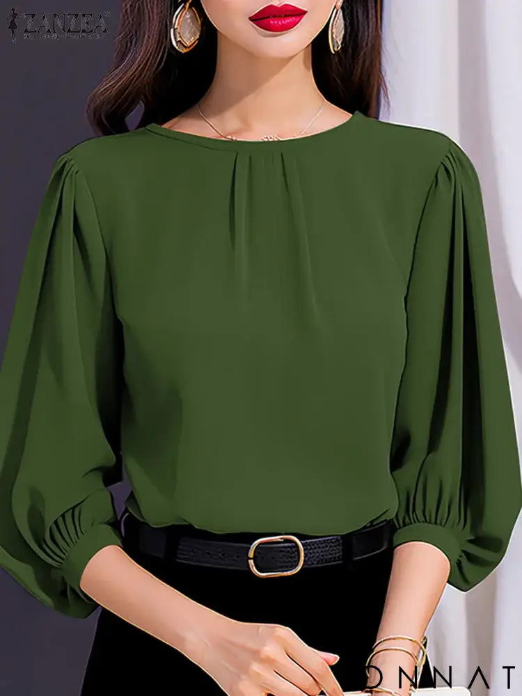 ZANZEA Women Elegant 3/4 Lantern Sleeve Solid Blouse Casual Office Work Tops Female Loose Party Blusas 2024 Fashion