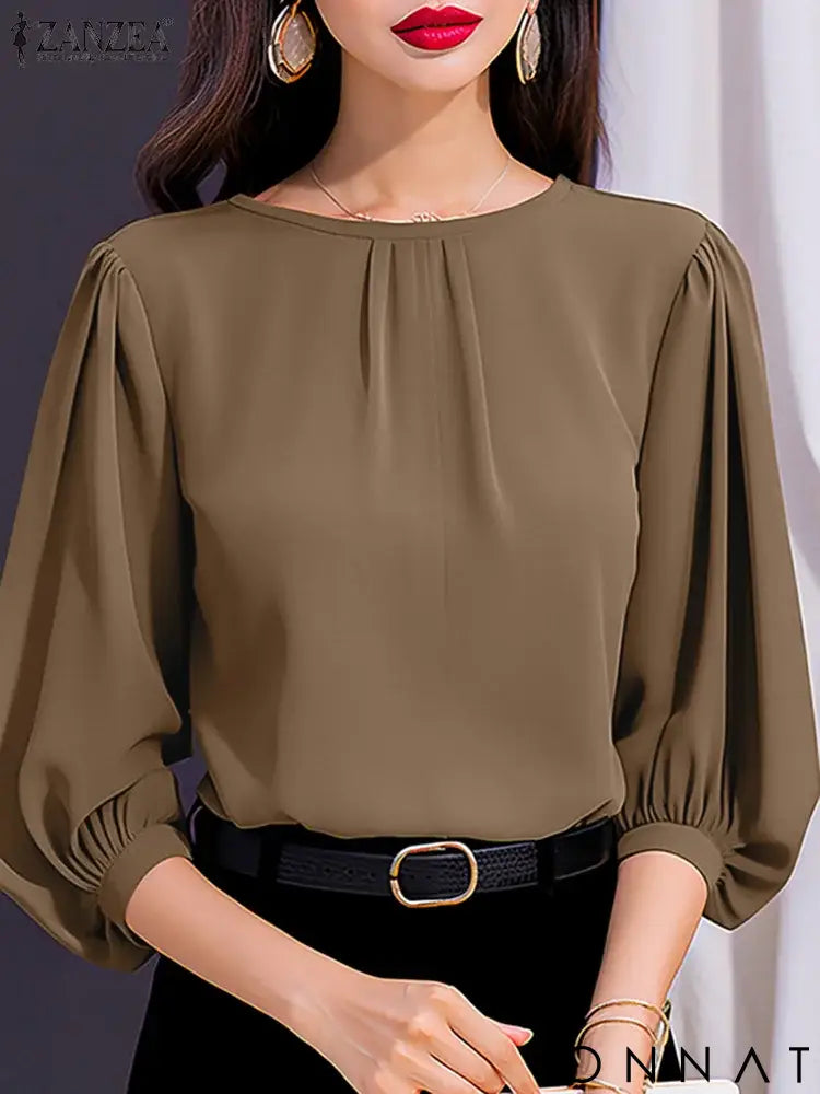 ZANZEA Women Elegant 3/4 Lantern Sleeve Solid Blouse Casual Office Work Tops Female Loose Party Blusas 2024 Fashion