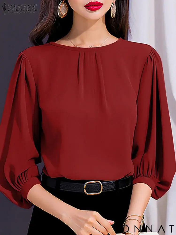 ZANZEA Women Elegant 3/4 Lantern Sleeve Solid Blouse Casual Office Work Tops Female Loose Party Blusas 2024 Fashion