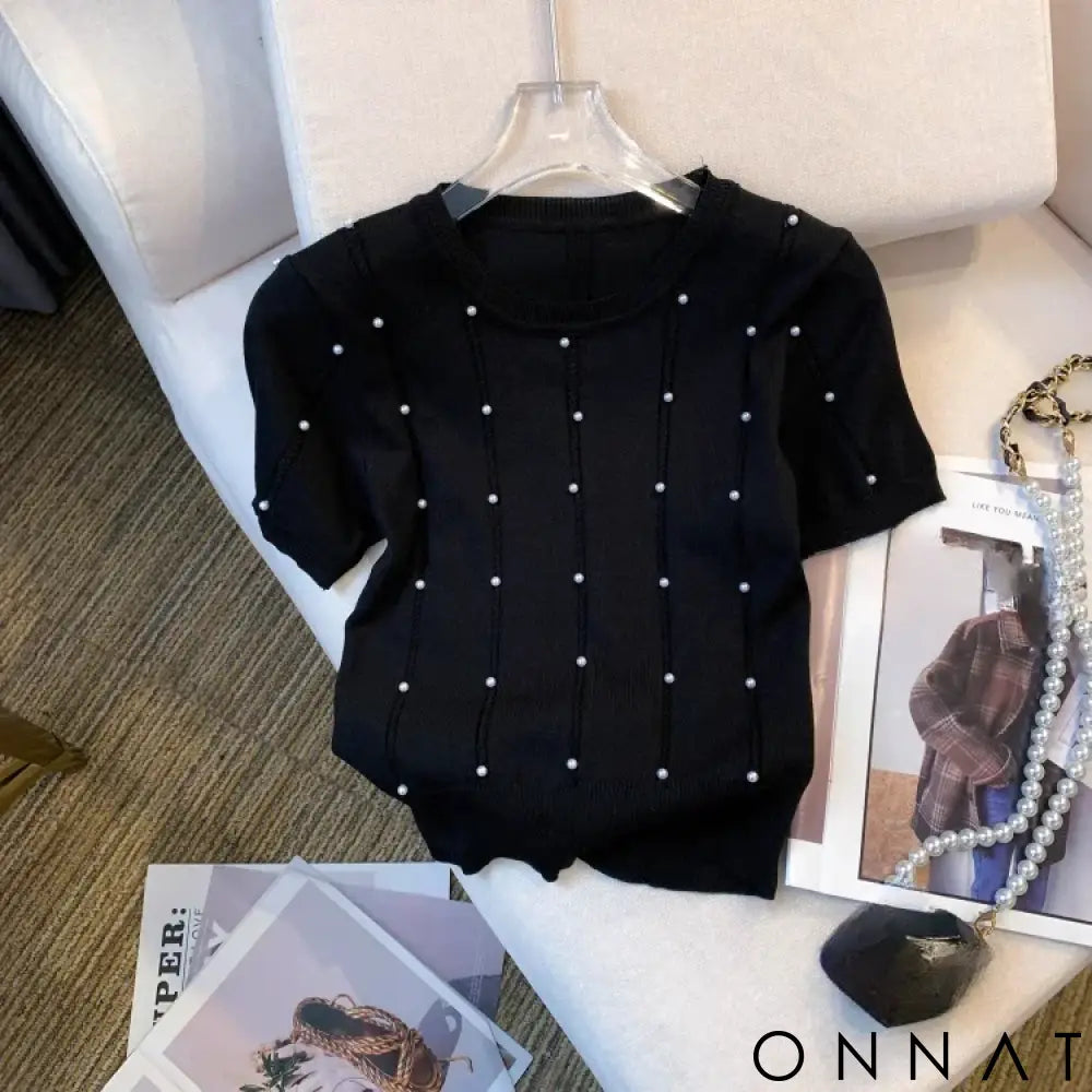 2025 New Thin Solid Color Crew Neck Beaded Sweater Chic Short Sleeve Knit Top For Spring & Summer Women’s Clothing Crop