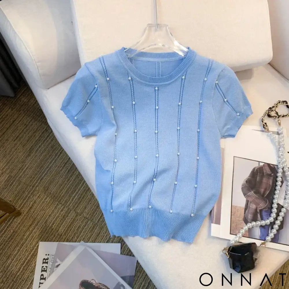 2025 New Thin Solid Color Crew Neck Beaded Sweater Chic Short Sleeve Knit Top For Spring & Summer Women’s Clothing Crop