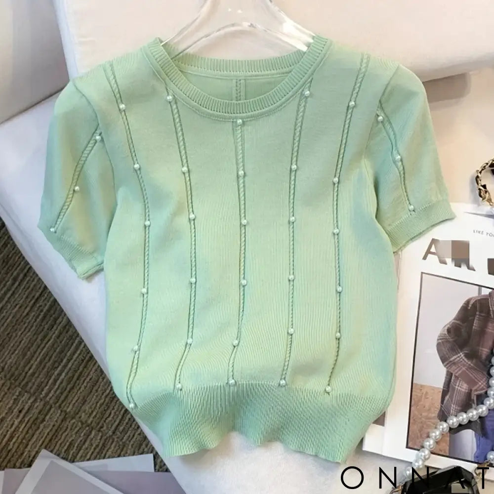 2025 New Thin Solid Color Crew Neck Beaded Sweater Chic Short Sleeve Knit Top For Spring & Summer Women’s Clothing Crop