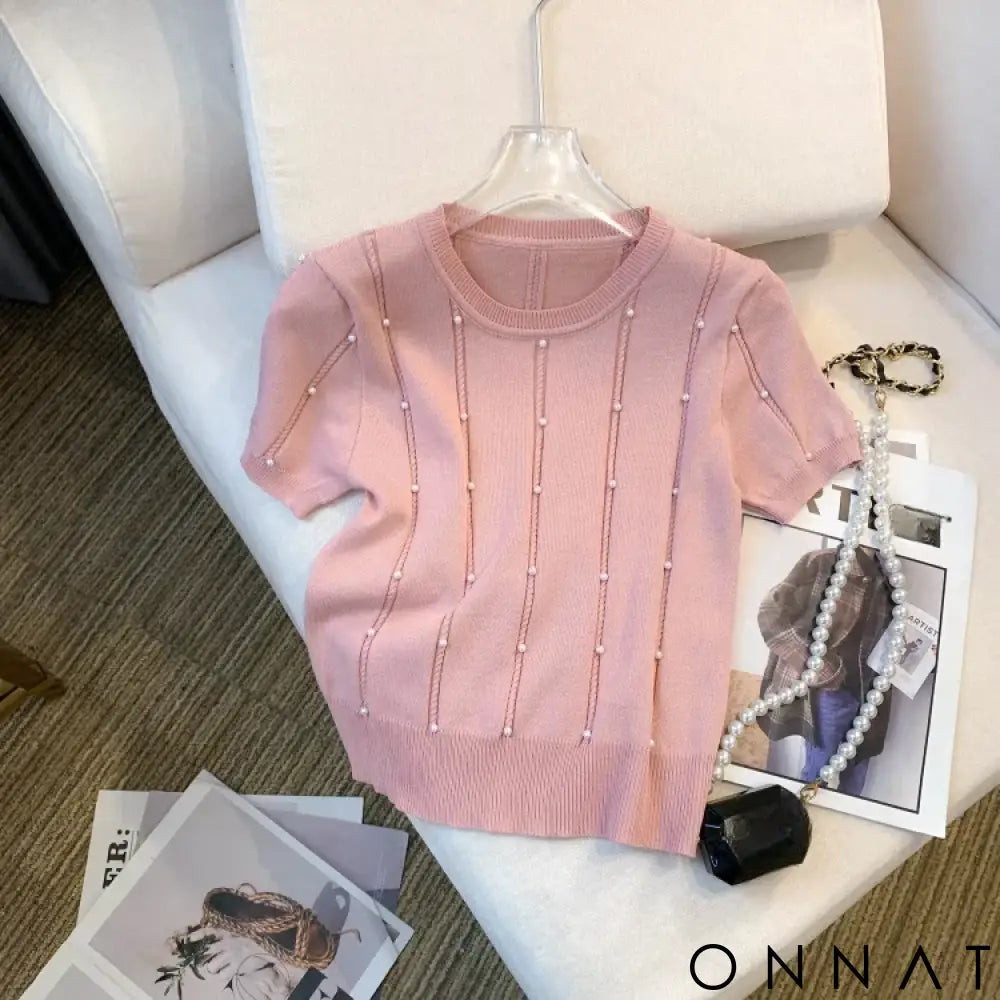2025 New Thin Solid Color Crew Neck Beaded Sweater Chic Short Sleeve Knit Top For Spring & Summer Women’s Clothing Crop