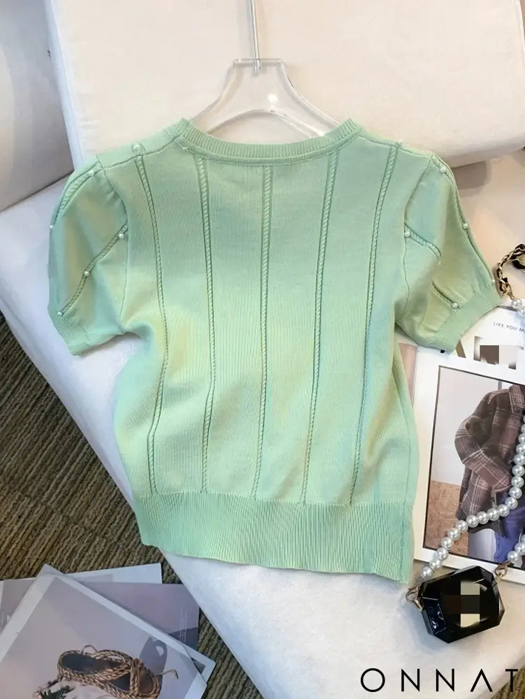 2025 New Thin Solid Color Crew Neck Beaded Sweater Chic Short Sleeve Knit Top For Spring & Summer Women’s Clothing Crop