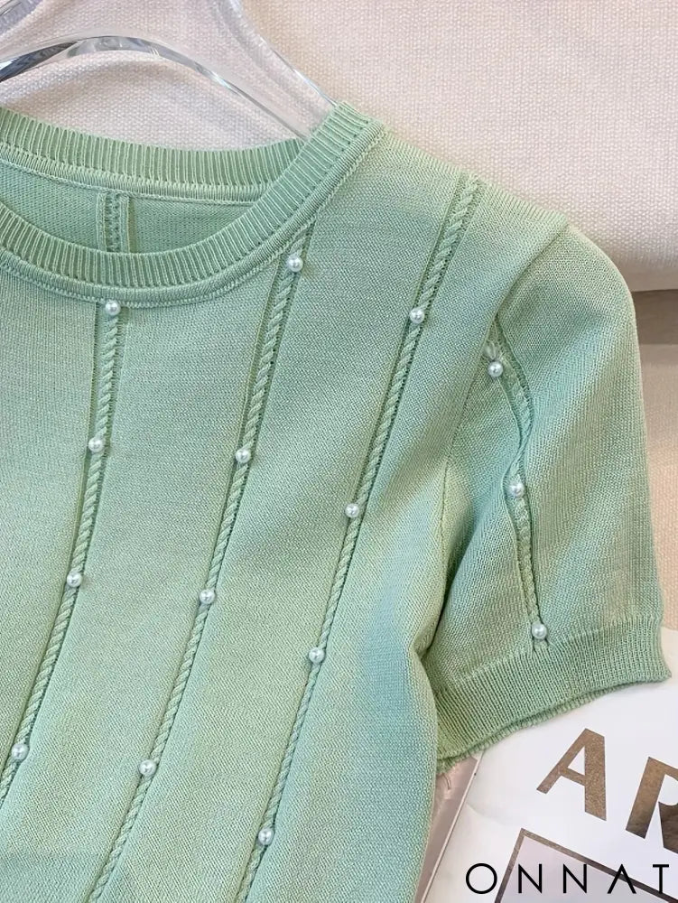 2025 New Thin Solid Color Crew Neck Beaded Sweater Chic Short Sleeve Knit Top For Spring & Summer Women’s Clothing Crop
