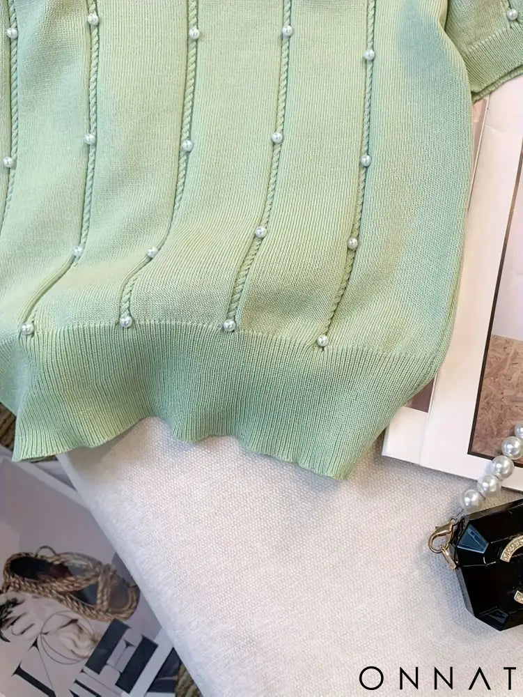 2025 New Thin Solid Color Crew Neck Beaded Sweater Chic Short Sleeve Knit Top For Spring & Summer Women’s Clothing Crop