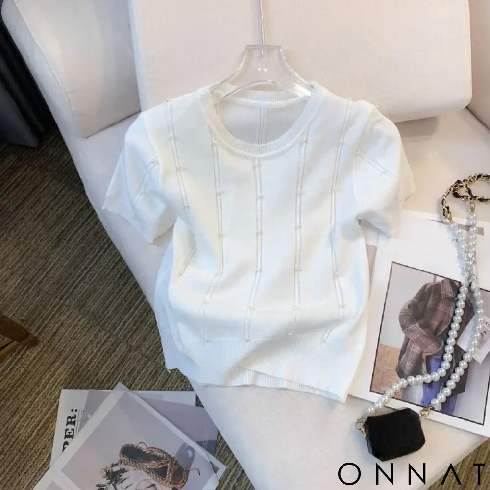 2025 New Thin Solid Color Crew Neck Beaded Sweater Chic Short Sleeve Knit Top For Spring & Summer Women’s Clothing Crop