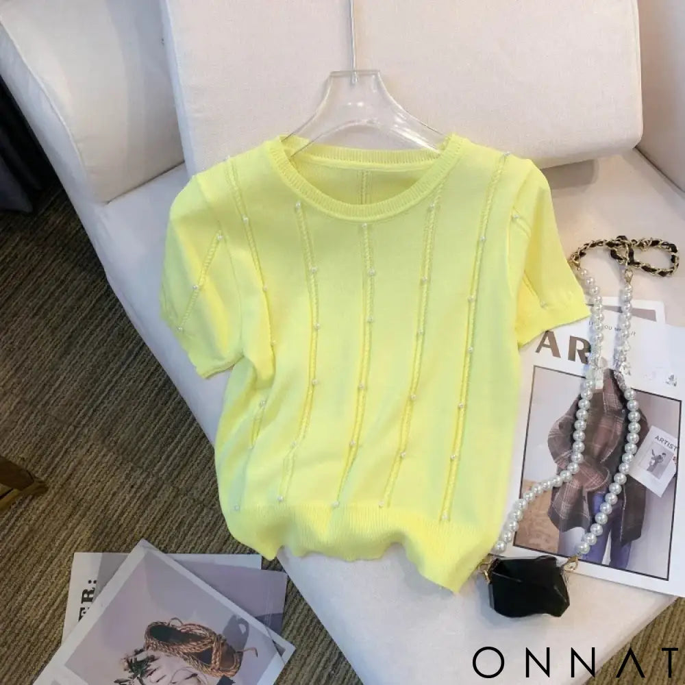 2025 New Thin Solid Color Crew Neck Beaded Sweater Chic Short Sleeve Knit Top For Spring & Summer Women’s Clothing Crop
