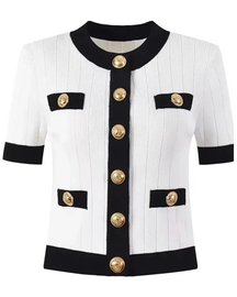 Cardigan Preto e Branco de Manga Curta Canelado com Botões Dourados