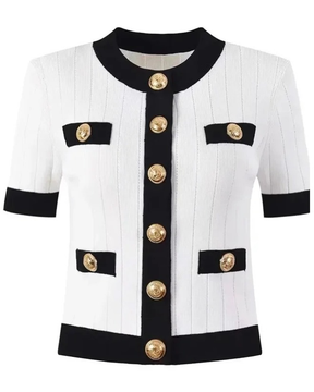 Cardigan Preto e Branco de Manga Curta Canelado com Botões Dourados