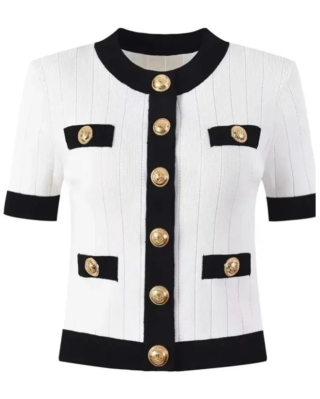 Cardigan Preto e Branco de Manga Curta Canelado com Botões Dourados