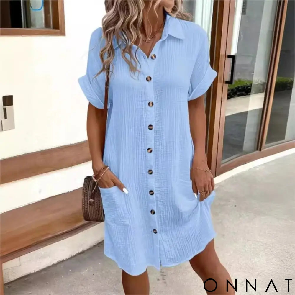 Women’s Button Down Linen Shirt Dress With Pockets Baby Blue / S