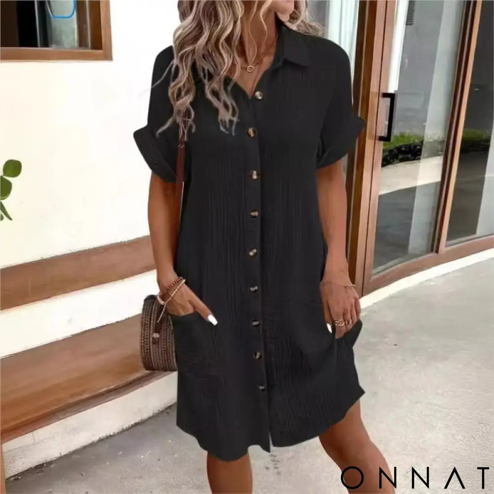 Women’s Button Down Linen Shirt Dress With Pockets Black / S