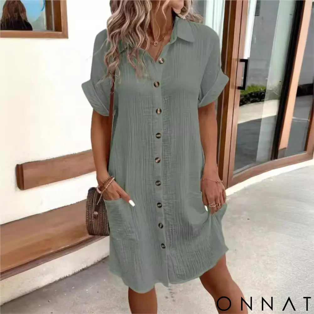 Women’s Button Down Linen Shirt Dress With Pockets Military Green / S