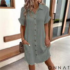 Women’s Button Down Linen Shirt Dress With Pockets Military Green / S