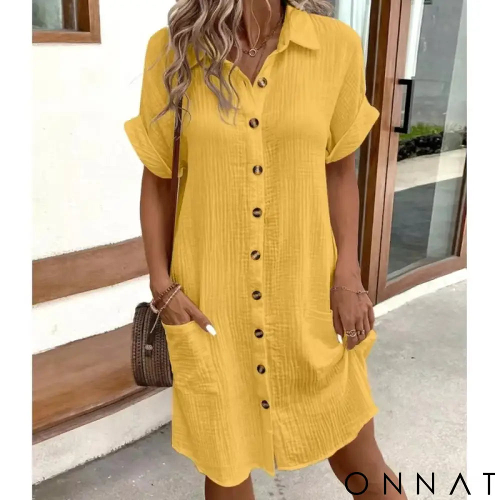 Women’s Button Down Linen Shirt Dress With Pockets Summer Yellow / S