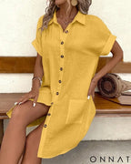 Women’s Button Down Linen Shirt Dress With Pockets